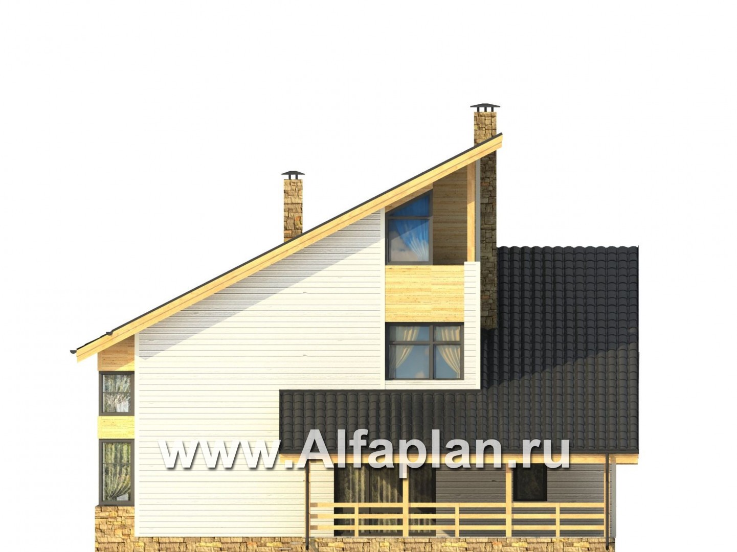 Проекты домов Альфаплан - Каркасный дом с террасой и навесом для машины - изображение фасада №4