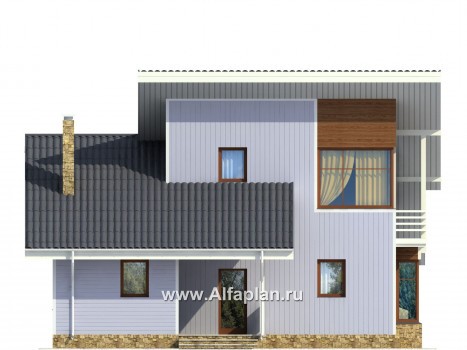 Проект каркасного дома с мансардой, планировка со вторым светом в гостиной, с террасой и с кабинетом, в стиле минимализм - превью фасада дома