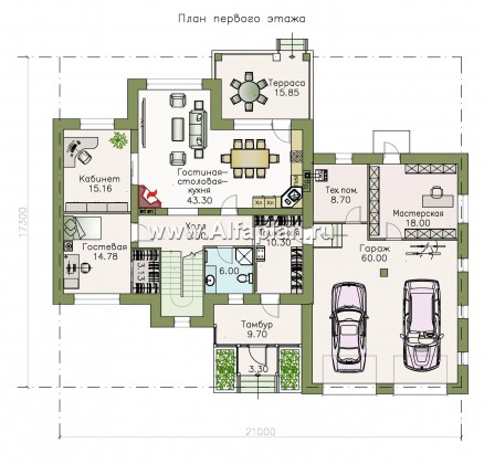 Проекты домов Альфаплан - «Ясная поляна»- коттедж для большой семьи с гаражом на два автомобиля - превью плана проекта №1