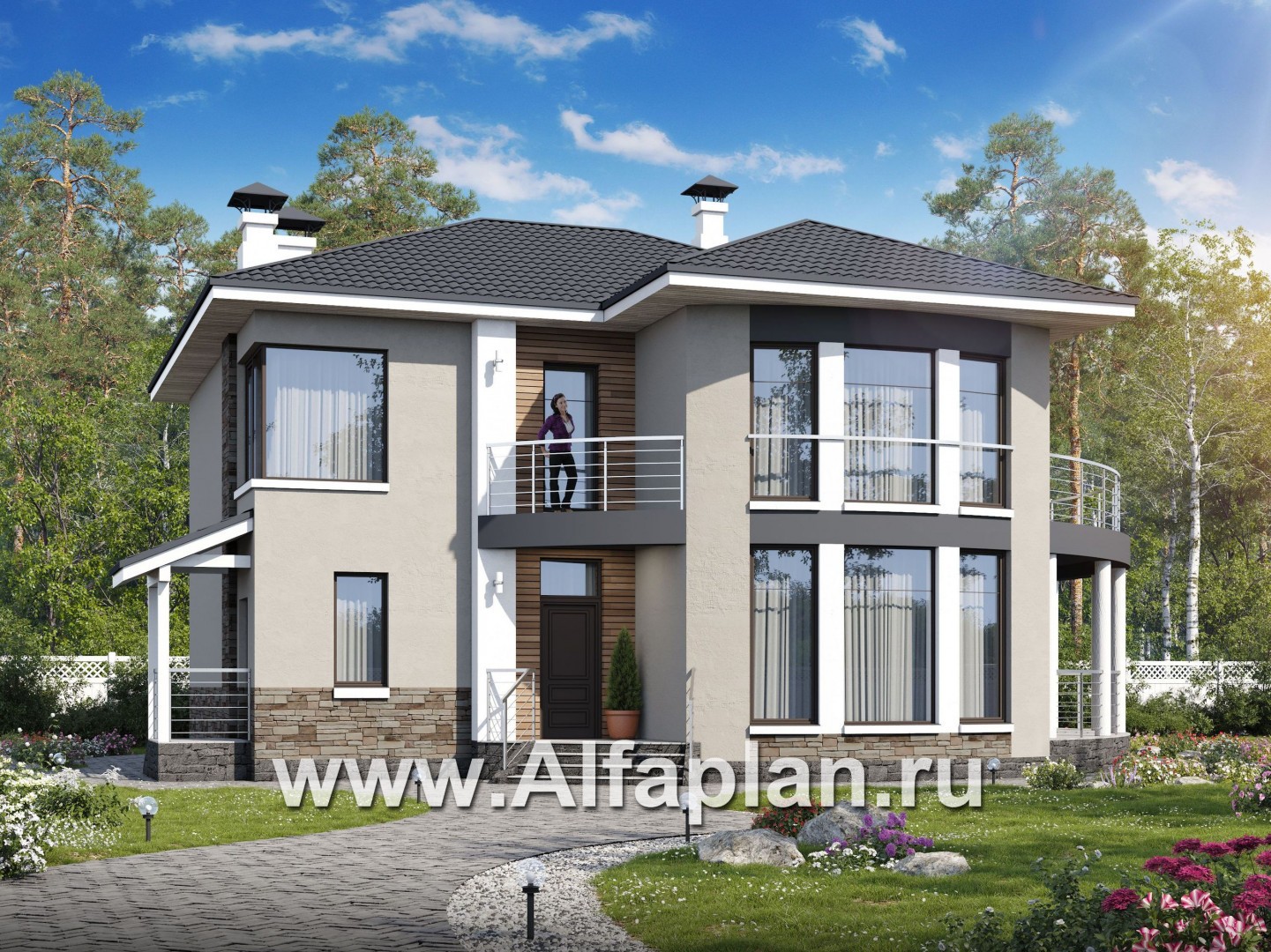 Проекты домов Альфаплан - «Меркурий» - стильный коттедж с большой террасой и балконом - основное изображение