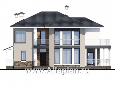 Проекты домов Альфаплан - «Меркурий» - стильный коттедж с большой террасой и балконом - превью фасада №1