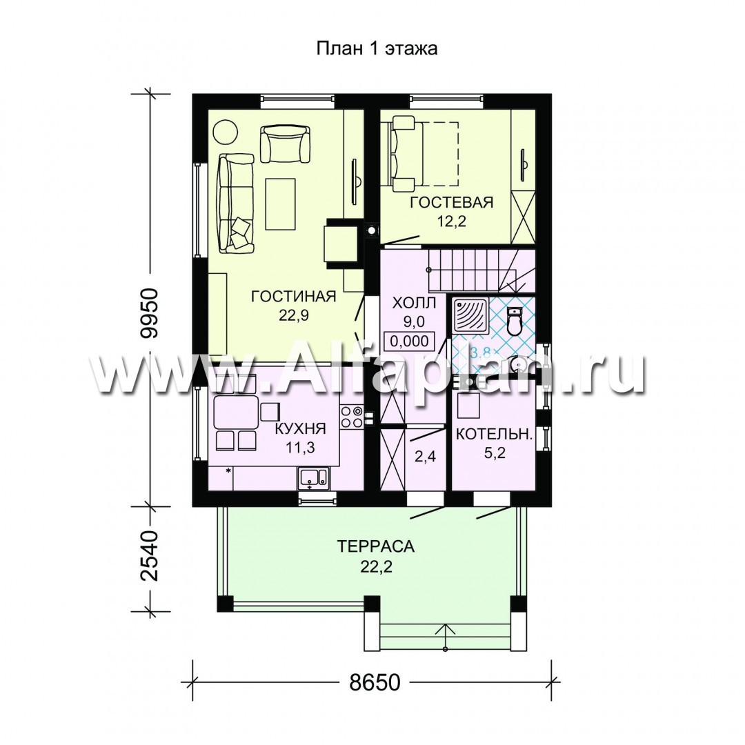 Проект дома с мансардой, планировка с террасой со стороны входа и кабинетом на 1 эт - план дома