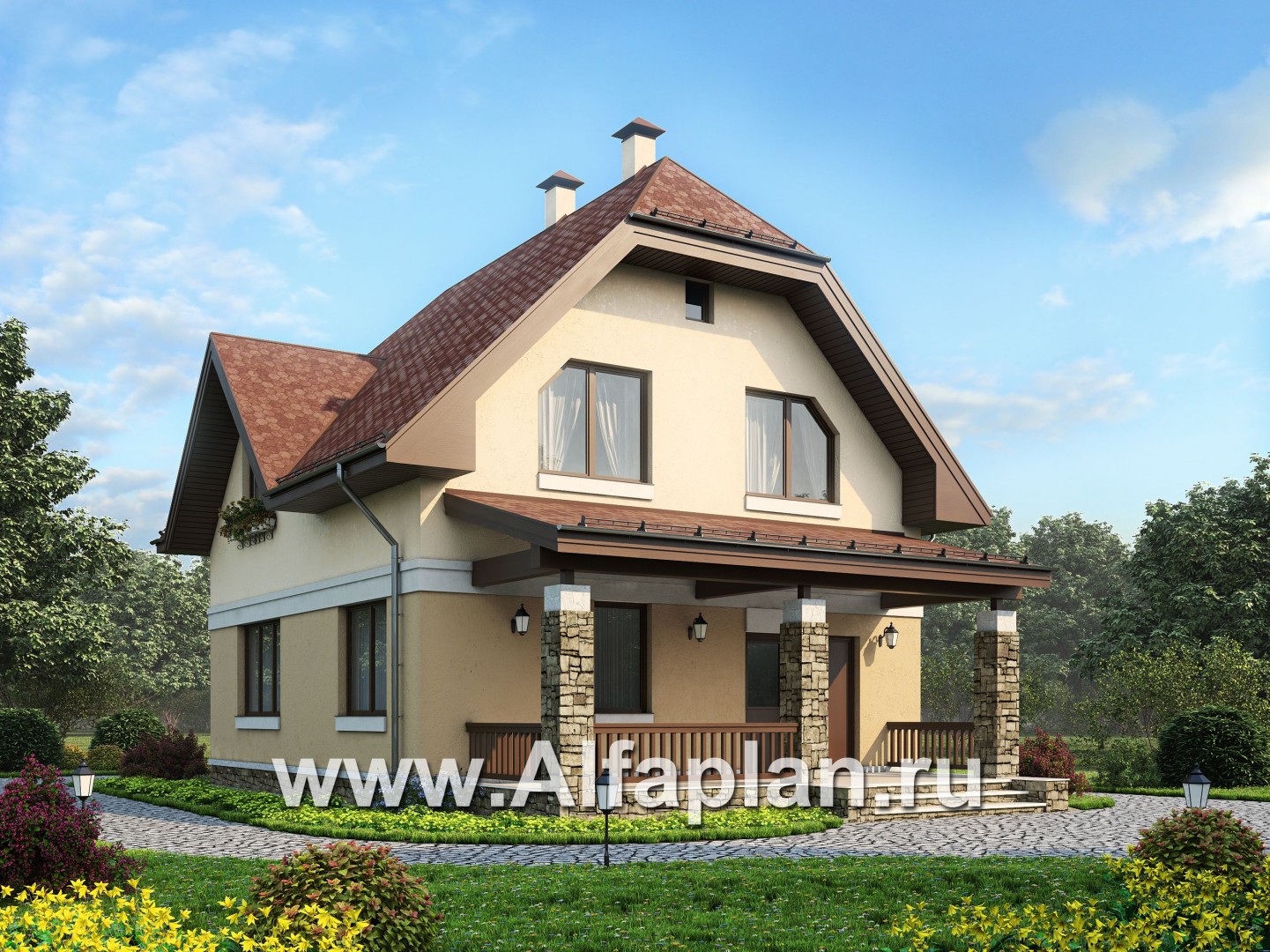 Проект дома с мансардой, планировка с террасой со стороны входа и кабинетом на 1 эт - основное изображение