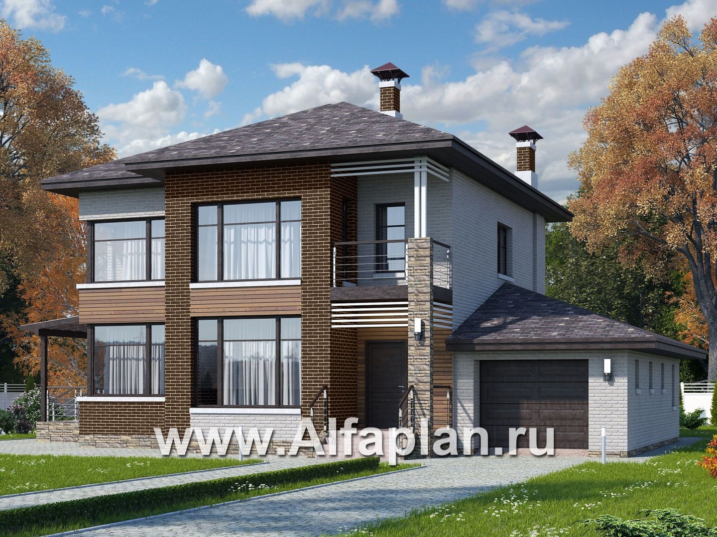 Проекты домов Альфаплан - «Печора» - стильный двухэтажный коттедж с гаражом - основное изображение