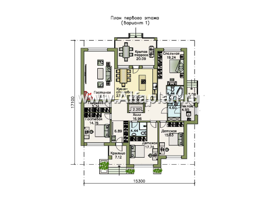 Проекты домов Альфаплан - «Калипсо» - комфортабельный одноэтажный дом c террасой - превью плана проекта №1