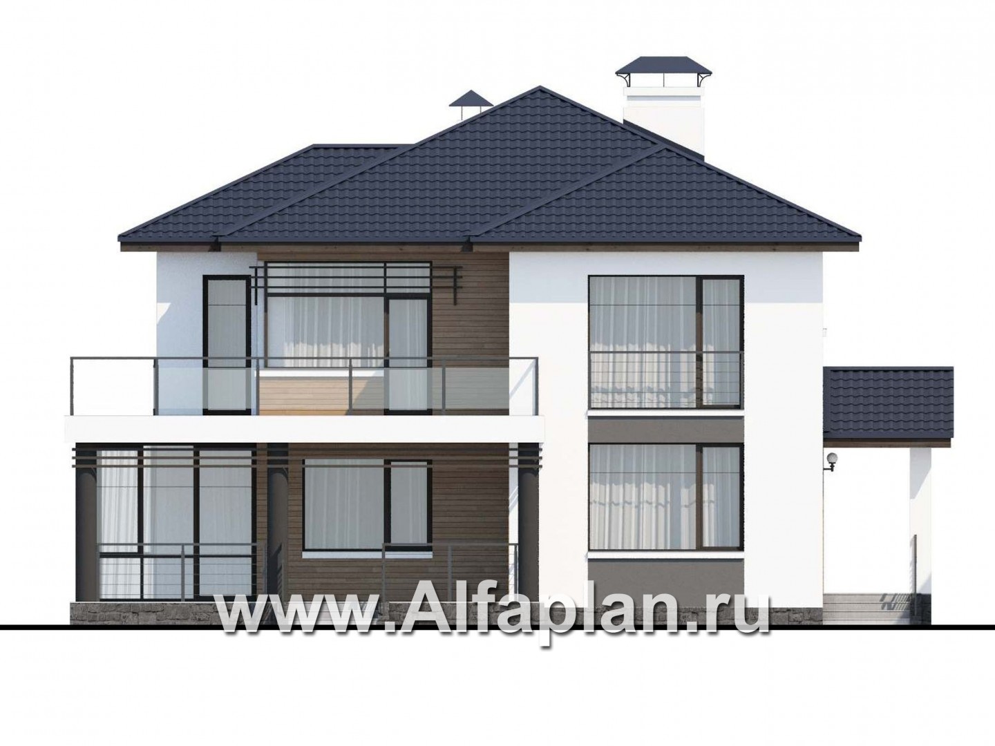 Проекты домов Альфаплан - «Эффект бабочки» - современный дом с красивой угловой террасой - изображение фасада №1