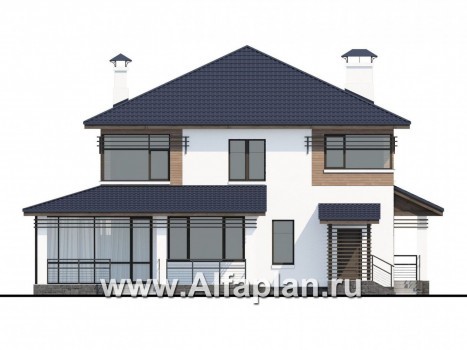 Проекты домов Альфаплан - «Рассвет»- коттедж с большой верандой и  красивыми угловыми окнами - превью фасада №4