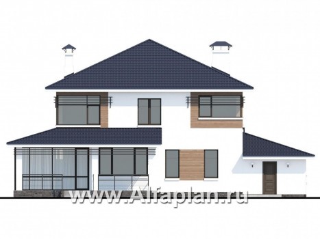 Проекты домов Альфаплан - «Рассвет» - коттедж с эффектными угловыми окнами, гаражом и верандой - превью фасада №4