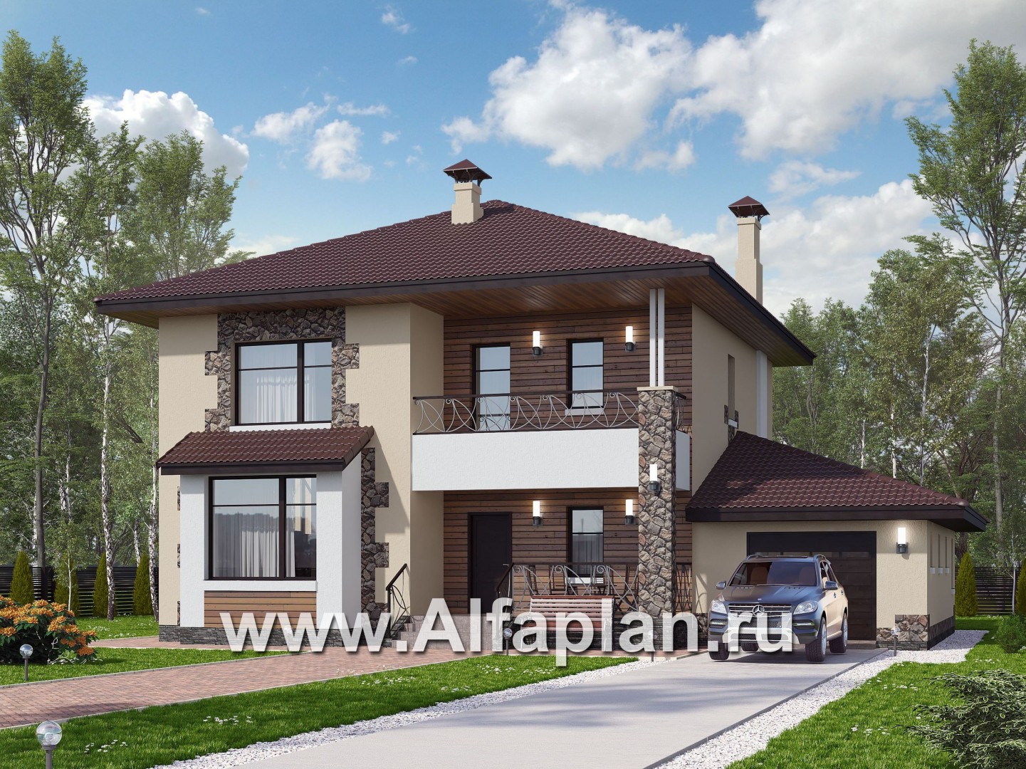 «Вереск» - проект двухэтажного дома, с эркером, 4 спальни площадью 19,5м2 каждая, с гаражом - основное изображение