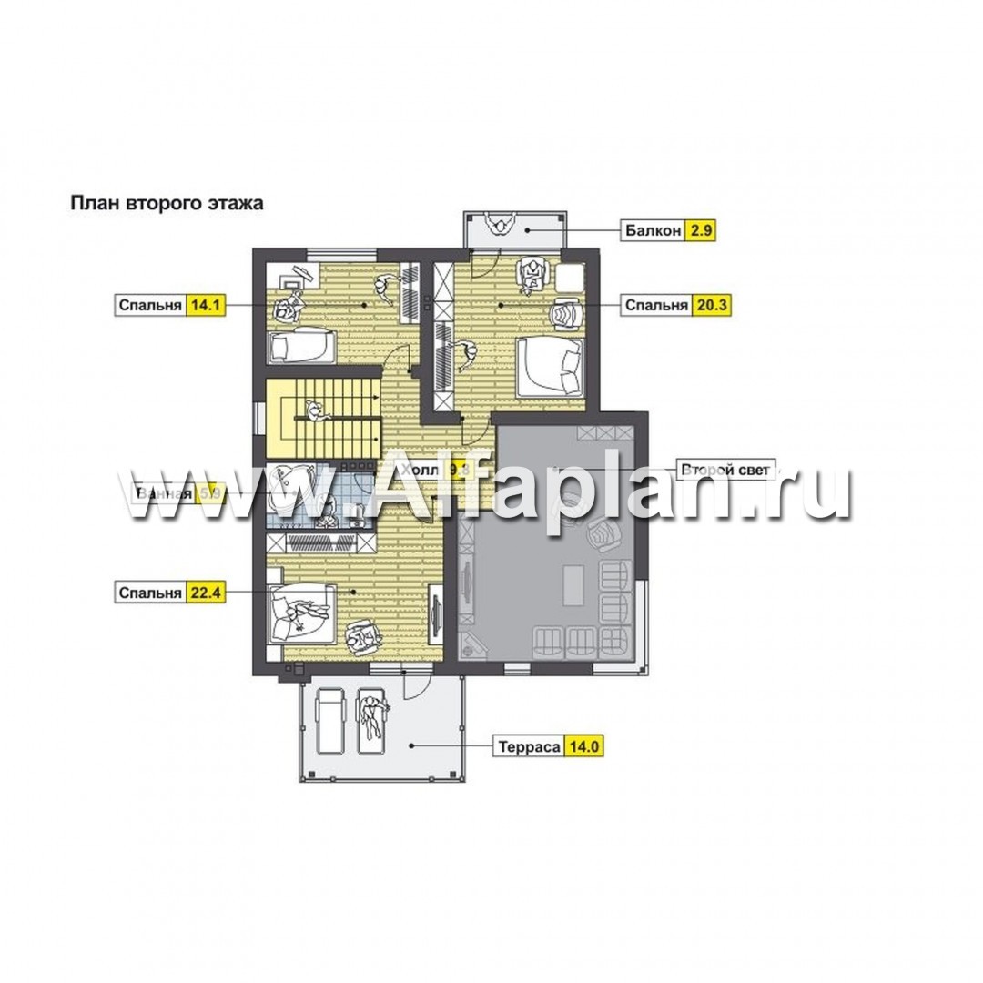 Проект дома с мансардой, планировка с кабинетом на 1 эт и навесом на 2 авто, с угловой террасой, в стиле минимализм - план дома
