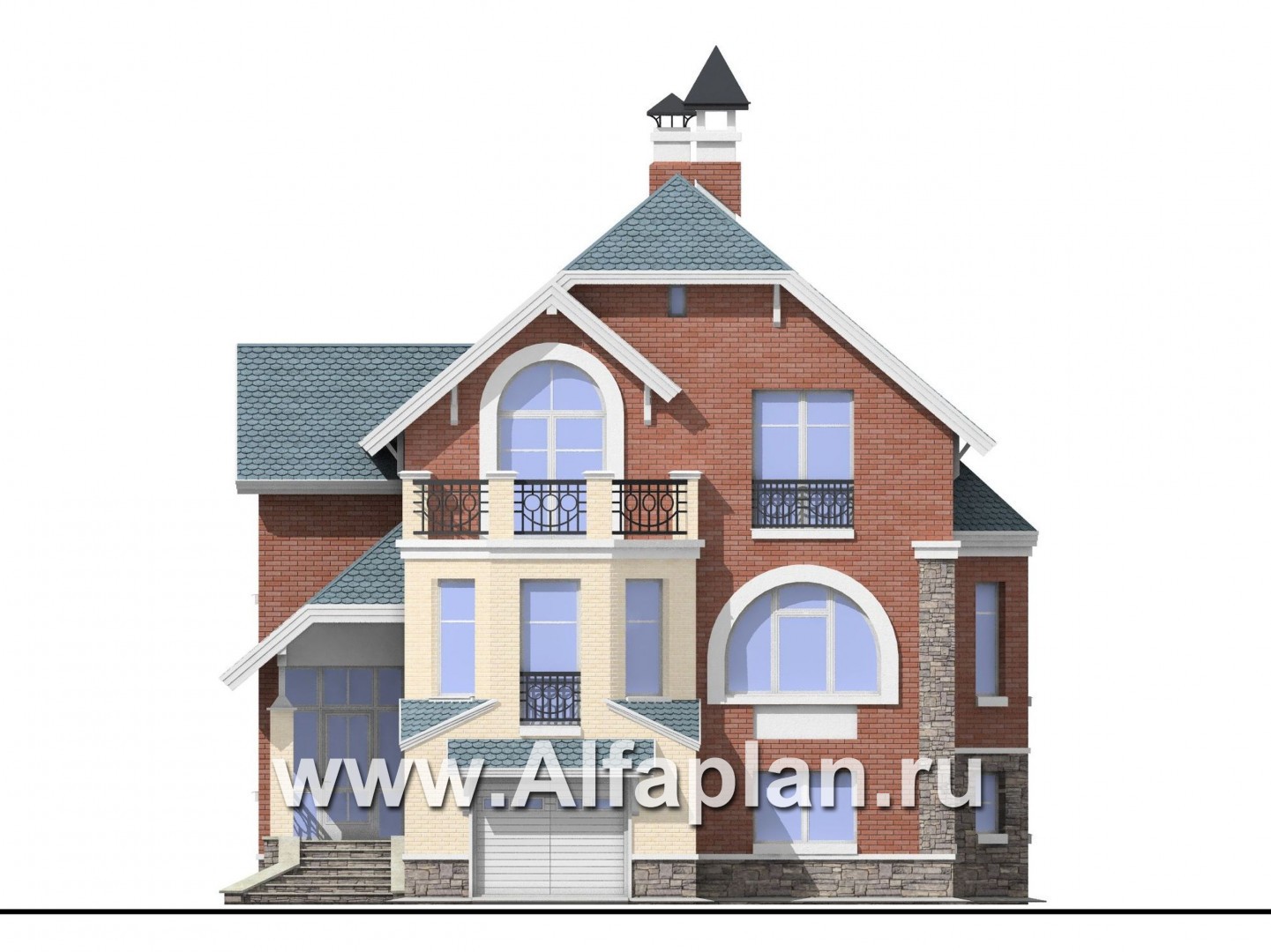 Проекты домов Альфаплан - «Корвет» - трехэтажный коттедж с гаражом - изображение фасада №1