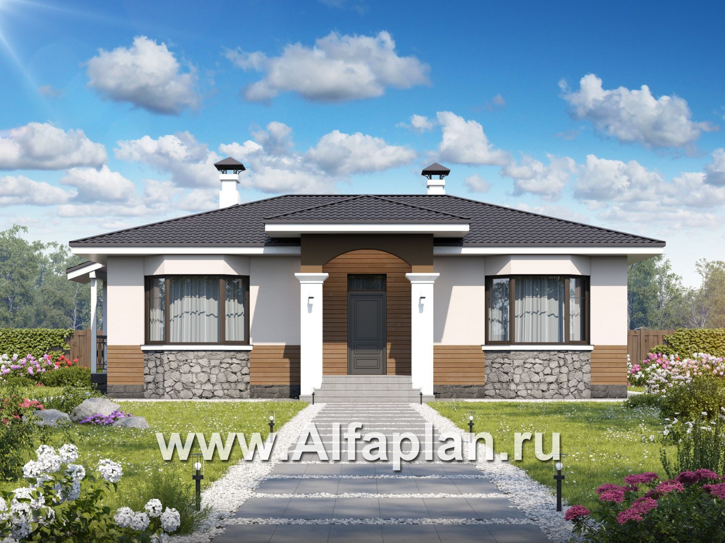 Проекты домов Альфаплан - "Новый свет" - проект одноэтажного дома для небольшой семьи - основное изображение