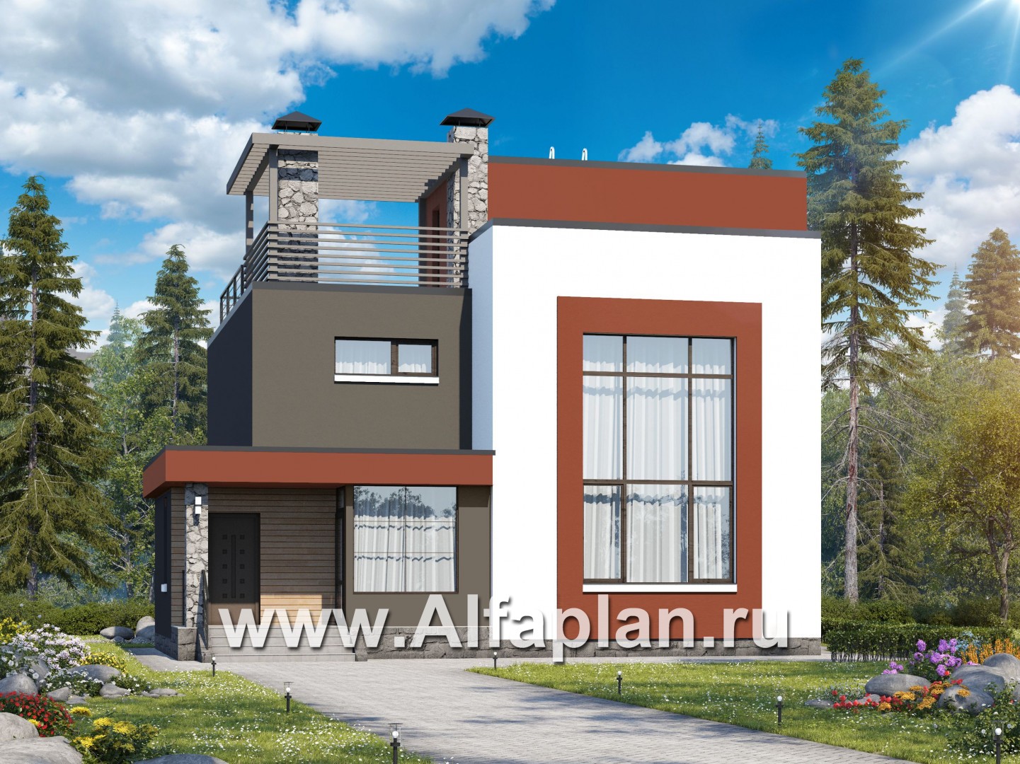Проекты домов Альфаплан - «Пристань» - проект дома с плоской эксплуатируемой кровлей - основное изображение