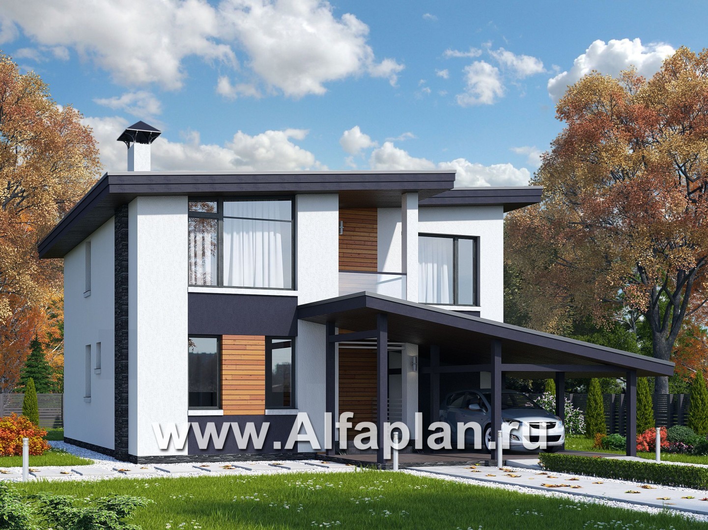 Проекты домов Альфаплан - "Модена" -стильный дом, односкатная крыша - основное изображение
