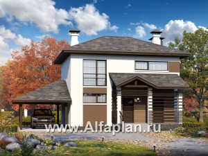 Проекты домов Альфаплан - Кирпичный дом «Панорама» с гаражом навесом - превью основного изображения