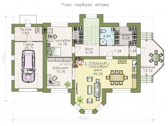 «Ясная поляна» - проект двухэтажного дома, планировка со спальней и кабинетом на 1 эт, с эркером и с гаражом на 1 авто - превью план дома
