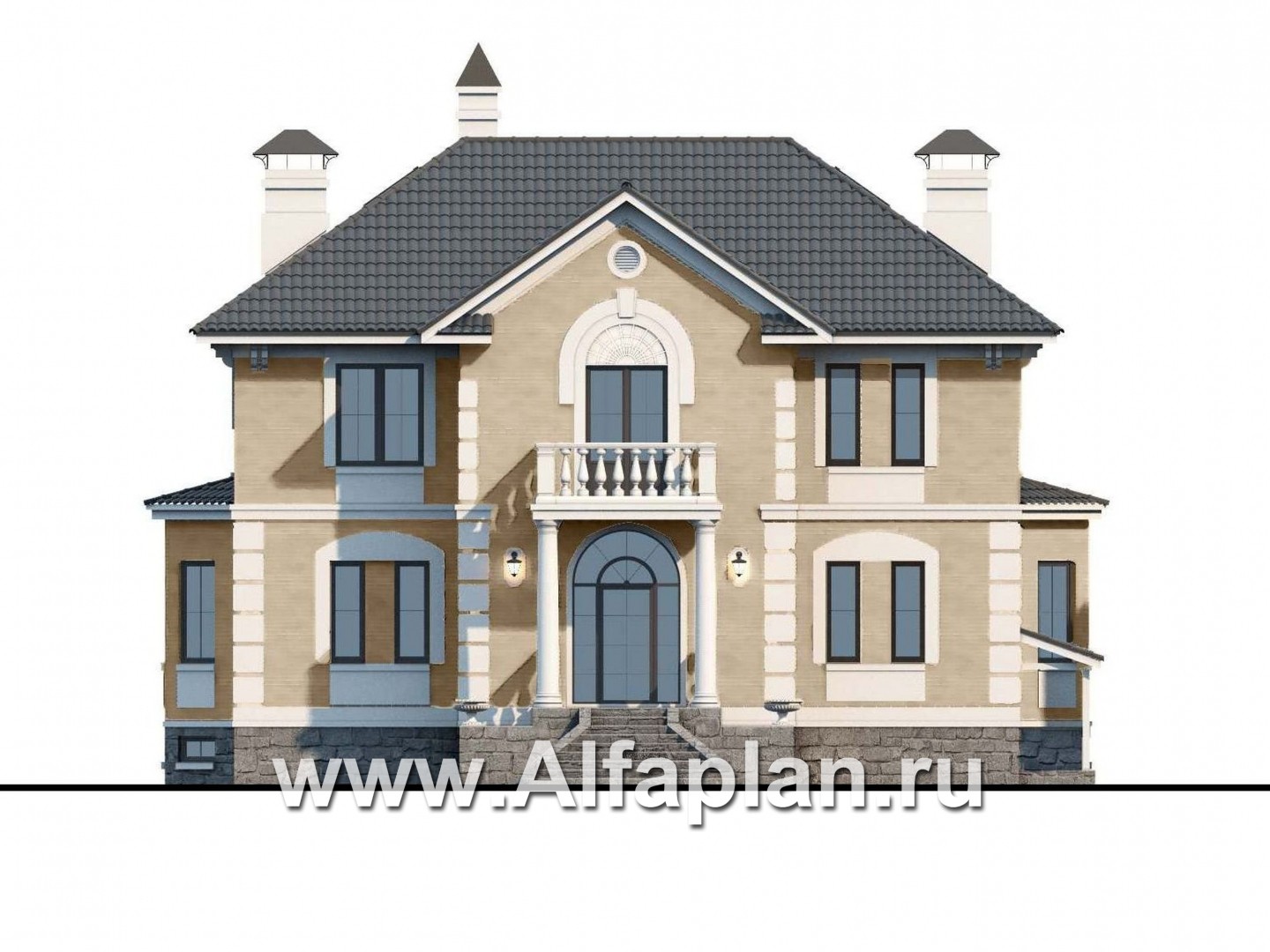 Проекты домов Альфаплан - «Головин плюс» - аристократический коттедж с бассейном в цоколе - изображение фасада №1