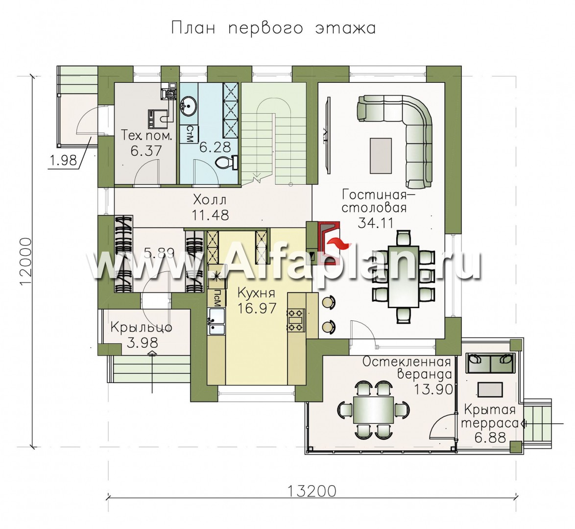 Проекты домов Альфаплан - «Летний вечер» - современный двухэтажный коттедж с верандой - план проекта №1