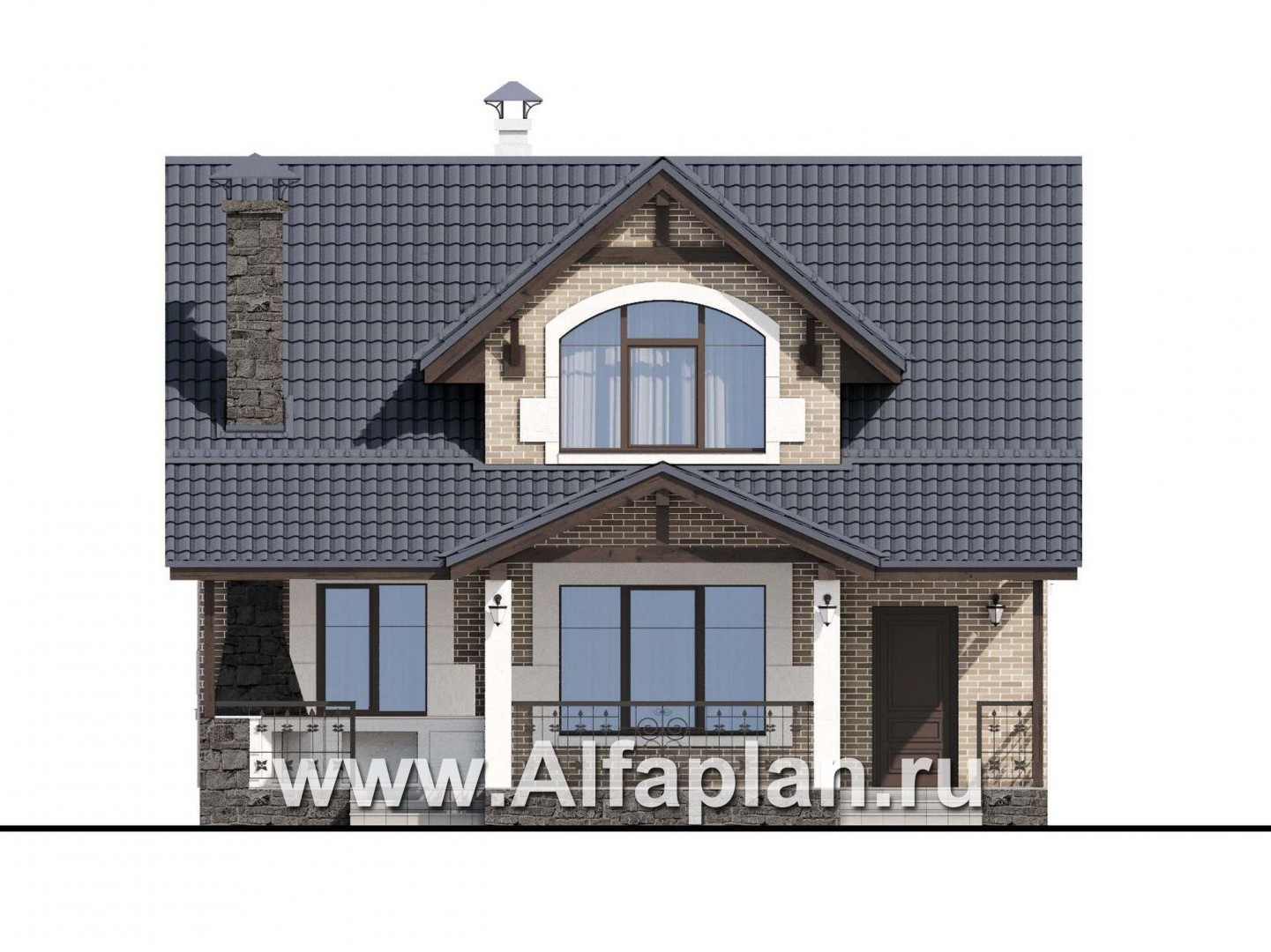 Проекты домов Альфаплан - "Отдых" - проект дома для дачи с мансардой и большой террасой - изображение фасада №1