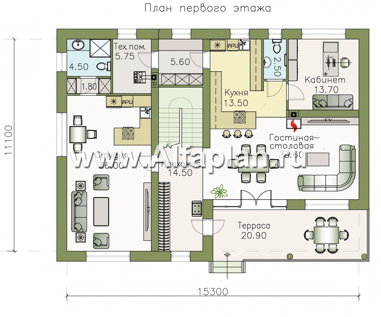 Проекты домов Альфаплан - «Сезанн» - современный стильный коттедж с односкатной кровлей - план проекта №1