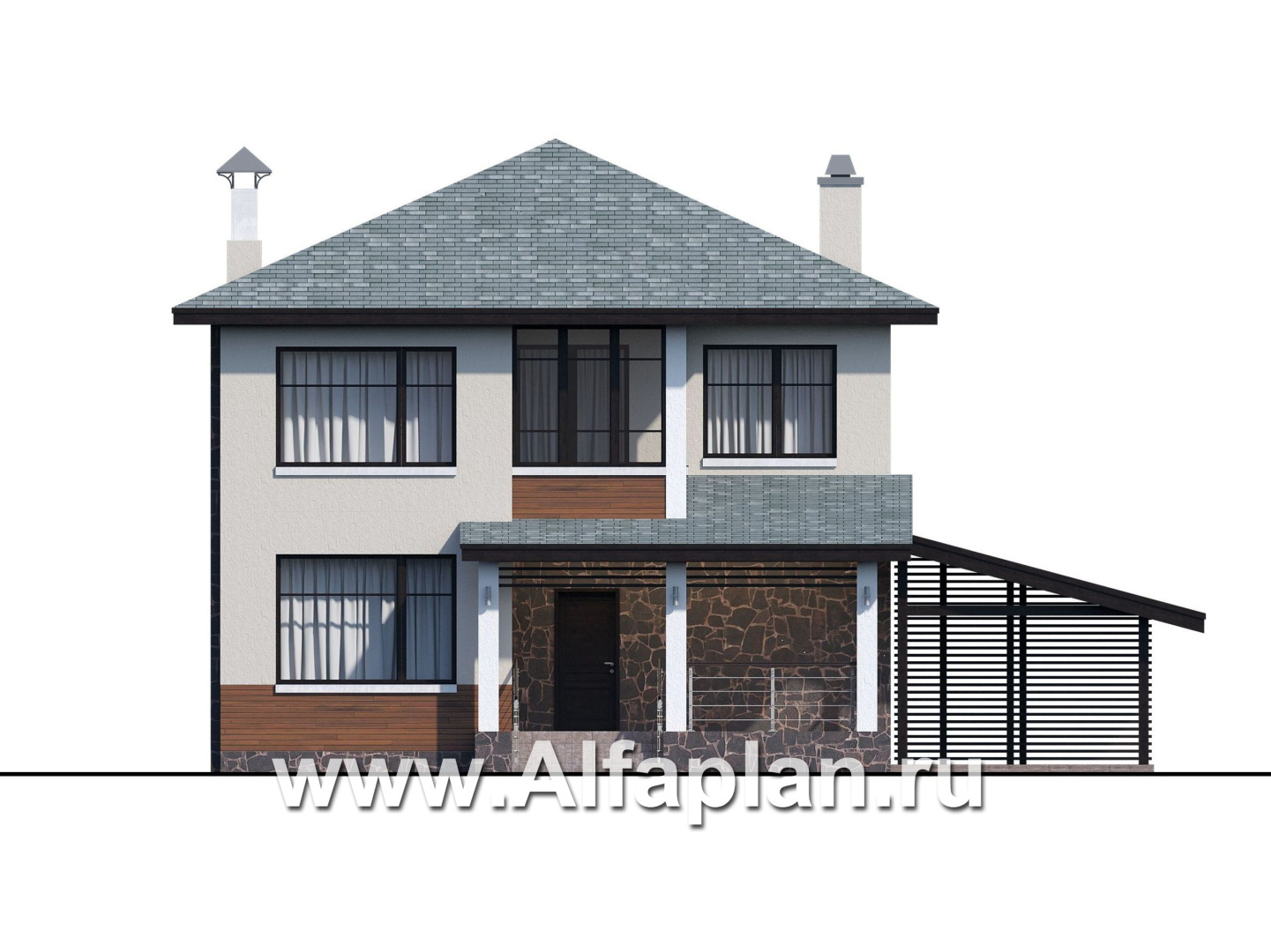 Проекты домов Альфаплан - «Траектория» - современный, компактный дом с гаражом-навесом - изображение фасада №1