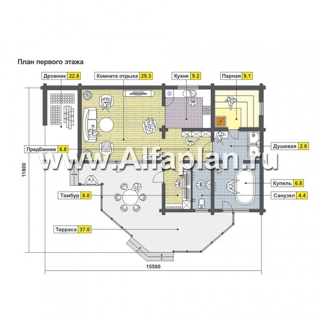 Проекты домов Альфаплан - Бревенчатый дом для отдыха с большой террасой - изображение плана проекта №1