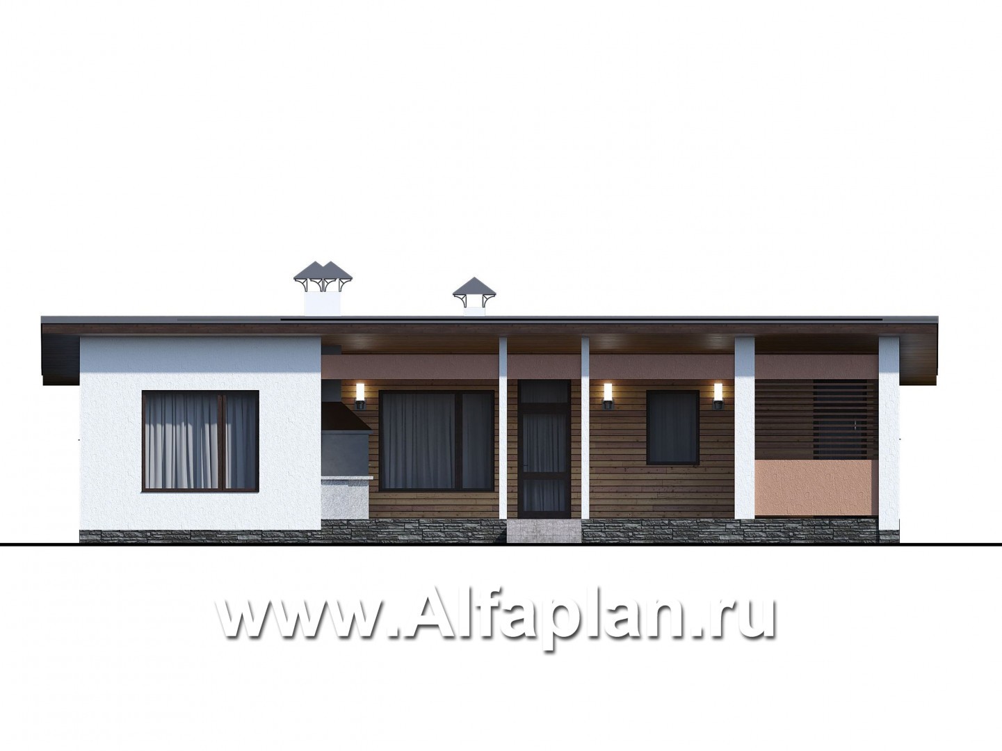 Проекты домов Альфаплан - «Зита» - просторный коттедж в один этаж с сауной и джакузи - изображение фасада №1