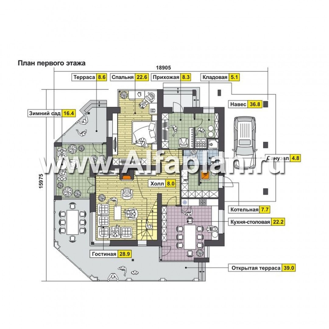 Проекты домов Альфаплан - Двухэтажный коттедж с террасами и зимним садом - план проекта №1