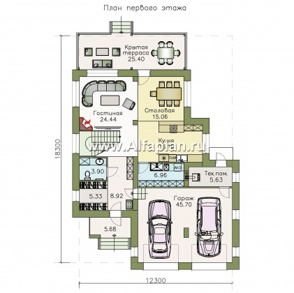 Проекты домов Альфаплан - «Эвр» - коттедж с плоской кровлей, с гаражом на два автомобиля - превью плана проекта №1